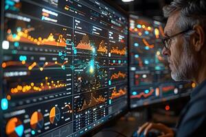 Data Analysis and Visualization Professional Analyzing Complex Financial Data on Multiple Monitors in Office photo