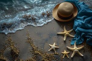 Starfish and Straw Hat on Sandy Beach Shoreline - Summer Vacation Concept for Relaxation Design photo