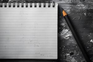 Blank Spiral Notebook with Pencil on Black Artistic Background Design for Creative Projects, Sketching, and Note-taking photo