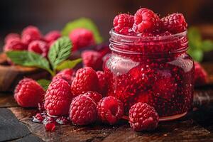 Homemade Raspberry Jam in Glass Jar with Fresh Berries - Rustic Kitchen Design for Poster, Card, Recipe Book photo