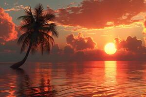 Tropical Sunset Over Ocean - Serene Beach Scene with Palm Tree and Vibrant Sky for Travel Posters, Website Banners, and Holiday Designs photo