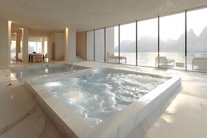 Luxurious Modern Indoor Spa with Mountain and Lakeview - Design for Wellness Retreat, Architectural Inspiration photo
