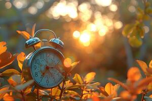 Vintage Alarm Clock in Garden during Golden Hour - Nature and Time Concept for Background and Design photo