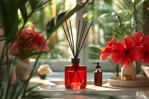 Elegant Aromatherapy Diffuser and Red Flowers in Modern Greenhouse Setup - Perfect for Interior Design and Relaxation Themes photo