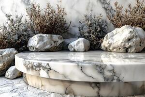 Elegant Marble Outdoor Platform with Rocks and Shrubs - Ideal for Nature-Inspired Designs photo