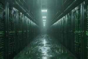 Futuristic Data Center with Rows of Server Racks in Ambient Green Light for Technology Background photo