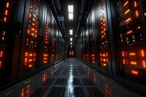 High-Tech Data Center Server Room with Advanced Network Equipment and Bright LED Lights photo