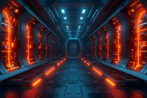 Futuristic Sci-Fi Spaceship Corridor with Glowing Orange Panels - Perfect for Sci-Fi Posters and Game Design Concepts photo