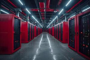 Modern Data Center with Red Server Racks in High-Tech Facility photo