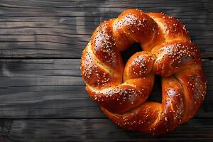 Freshly Baked Challah Bread Ring on Rustic Wooden Table - Perfect for Bakery Menus and Food Blogs photo