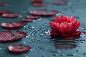 Serene Red Lotus Floating on Calm Water with Dew Drops - Tranquility, Peace, Zen - Ideal for Posters, Prints, Meditation Themes photo