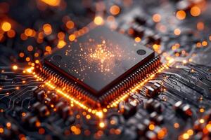 High-Tech Microchip with Glowing Circuits Futuristic Technology Concept for Electronics and Computing photo
