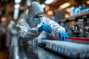 Scientist in Protective Gear Working in Modern Laboratory with Test Tubes and Pipette photo
