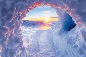 Winter Wonderland Sunset View through Snowy Ice Cave Captivating Nature Scene photo