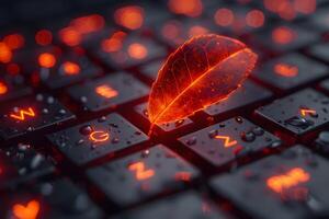 Autumn Leaf on Illuminated Keyboard Futuristic Seasonal Concept for Digital Media and Technology Design photo