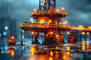 Offshore Oil Rig at Night High-Tech Industrial Platform in Rain with Bokeh Lights - Stock Image for Conceptual Design and Science Use photo