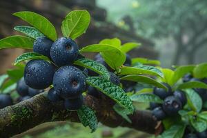 Close-Up of Vibrant Black Fruits with Dew on Green Leaves in a Lush Garden Setting for Nature and Horticulture Stock Photography photo