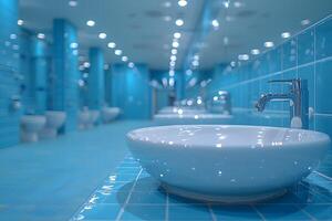 Modern Blue-Tiled Public Restroom with Clean Sinks and Bright Lighting - Design for Print, Poster, Interior Concepts photo
