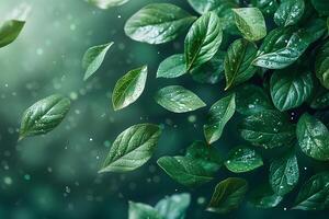 Green Leaves with Water Droplets in Soft Focus Background - Nature, Freshness, Design for Print and Digital photo