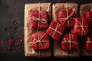 Fresh Raw Beef Cuts Tied with String on Butcher Paper - High-Quality Food Photography for Culinary Projects photo