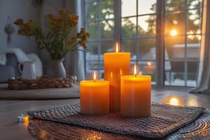 Tranquil Home Interior with Lit Candles and Sunset View for Cozy Atmosphere and Relaxation photo