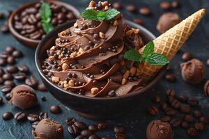 Decadent Chocolate Ice Cream with Waffle Cone and Mint Garnish - Perfect for Dessert Concepts photo
