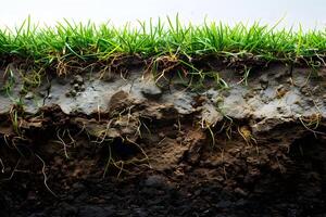 Cross-Section of Vibrant Green Grass with Roots in Detailed Soil Layers Nature Background, Educational Concept photo