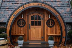 Cozy Hobbit House with Wooden Circular Door and Rustic Architecture for Fairytale-Inspired Designs photo