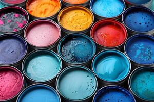 Colorful Palette of Paint Cans for Art and Design Projects - Bright and Vivid Hues for Creative Inspiration photo