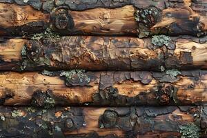 Close-up of Weathered Wooden Logs with Moss Growth for Rustic Design and Texture Background photo