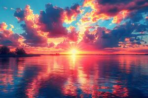 Vibrant Sunset Over Tranquil Lake with Reflective Water and Dramatic Clouds Perfect for Relaxation and Nature Themes photo