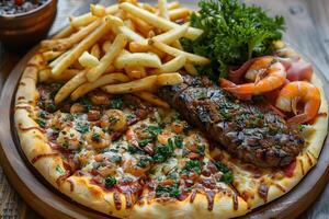 Gourmet Surf and Turf Pizza with Fries, Grilled Steak, Shrimp, and Fresh Parsley photo