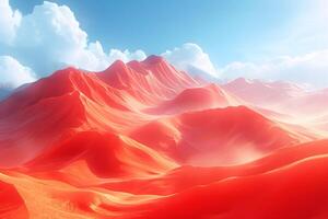 Vibrant Desert Landscape with Red Sand Dunes under Blue Sky and White Clouds Ideal for Nature, Adventure Travel, and Print Designs photo