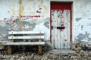 Vintage Rustic Scene of Weathered Bench and Door with Peeling Paint - Perfect for Wall Art, Posters, and Design photo