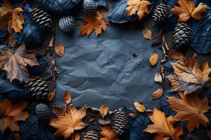 Autumn Leaves and Pinecones on Crumpled Paper Background - Nature, Fall Season, Rustic Design Elements photo