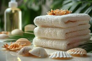 Spa Relaxation Concept with Towels, Shells, and Greenery Perfect for Wellness Design, Print, or Poster photo