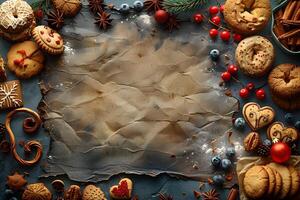 Christmas Holiday Cookies and Festive Decorations with Empty Space for Text - Perfect for Print, Cards, Posters photo