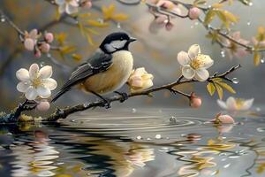 Springtime Serenity Black-capped Chickadee on Flowering Branch with Water Reflections - Nature Photography for Posters and Prints photo