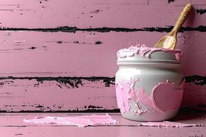 Rustic Painted Wooden Wall with Jar of Pink Paint and Wooden Spoon for Creative DIY Projects photo