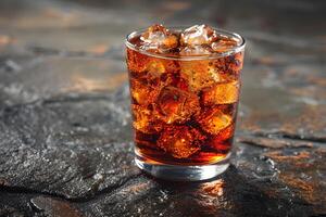 Refreshing Cold Soda Drink with Ice Cubes on Rustic Stone Background for Beverage Advertising photo