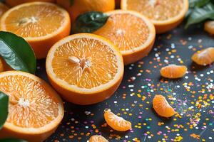 Fresh Oranges and Tangerines with Colorful Confetti on Dark Background - Perfect for Summer Celebration Design, Print, Card, Poster photo