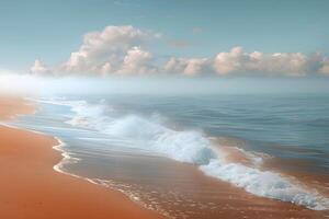 Tranquil Beach Scene with Gentle Waves and Fluffy Clouds - Perfect for Wall Art, Posters, and Holiday Postcards photo