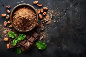 Rich Cocoa Powder and Dark Chocolate with Cocoa Beans and Mint Leaves on Rustic Black Background photo