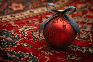 Elegant Red Christmas Ornament with Black Ribbon on Ornate Red Carpet for Holiday Decoration photo