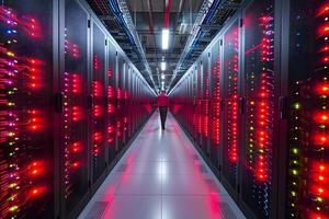 Modern Data Center with Advanced Server Racks and Glowing LED Lights for Technology and IT Infrastructure photo