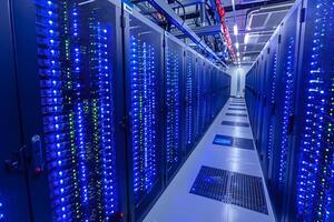 Modern Data Center with Server Racks and Blue LED Lights for Cloud Computing and Data Storage photo