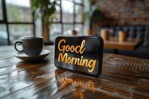 Good Morning Message on Smartphone in Cozy Cafe Setting - Perfect for Greeting Cards, Posters, and Social Media photo