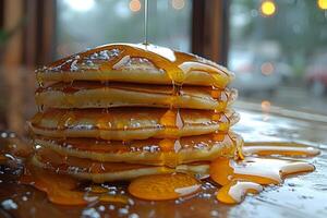 Stack of Fluffy Pancakes Drizzled with Maple Syrup in a Cozy Morning Setting photo