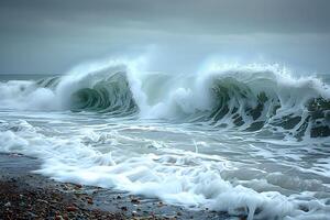 Dramatic Ocean Waves Crashing on a Rocky Shore - Coastal Nature Scene for Print or Poster photo
