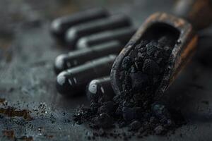 Activated Charcoal Powder and Capsules for Detoxification, Health Supplement Use, Natural Remedy, and Antioxidant Therapy photo